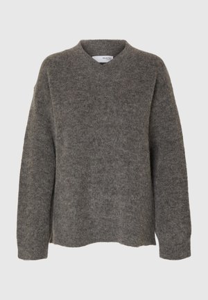 Pull en tricot à manches longues et en tissu pelucheux de couleur gris foncé, avec un col rond et une coupe décontractée, présenté sur un fond clair et uni.