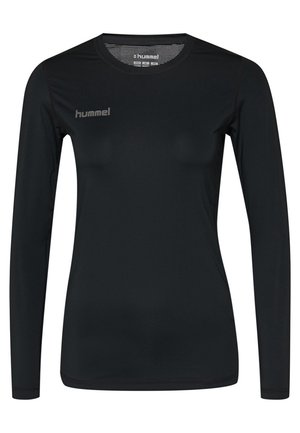 Czarna sportowa koszulka z długim rękawem, okrągłym dekoltem oraz małym szarym logo hummel na górnej lewej części klatki piersiowej.
