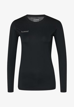 Czarna sportowa koszulka z długim rękawem, okrągłym dekoltem oraz małym szarym logo hummel na górnej lewej części klatki piersiowej.
