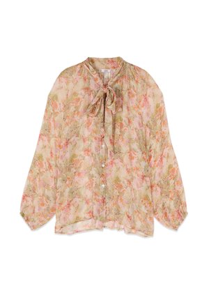 Blouse florale transparente à manches longues, boutonnage devant et col à nouer dans des tons doux de rose, vert et orange.