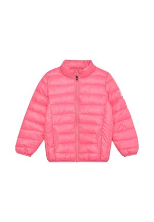 Różowa puchowa kurtka z wysokim kołnierzem, przednim zamkiem błyskawicznym, ściągaczami na rękawach i pikowaną fakturą. Posiada dwie boczne kieszenie.