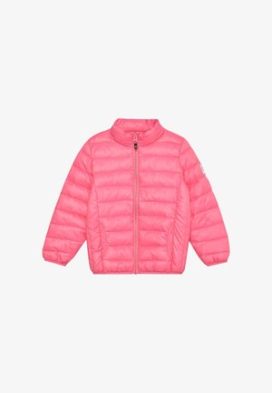 Doudoune rose avec col montant, fermeture éclair à l'avant, poignets côtelés et texture matelassée. Comprend deux poches latérales.
