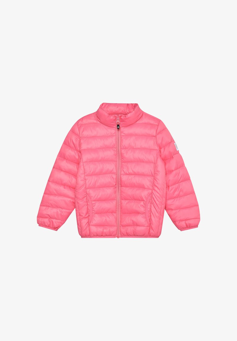 Doudoune rose avec col montant, fermeture éclair à l'avant, poignets côtelés et texture matelassée. Comprend deux poches latérales.