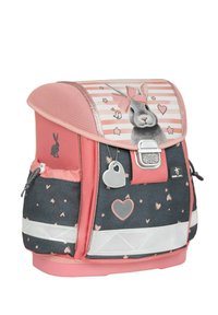 Pink and dark blue children's backpack featuring a rabbit design, hearts, stars, and a decorative silver hardware clasp. Textured fabric and compartments.