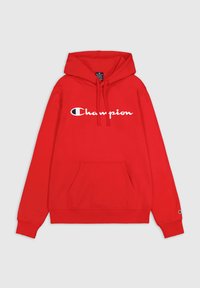 Rode katoenen hoodie met een buidelzak, een capuchon met trekkoord, en een witte 'Champion'-logo op de borst. Geribbelde manchetten en zoom.
