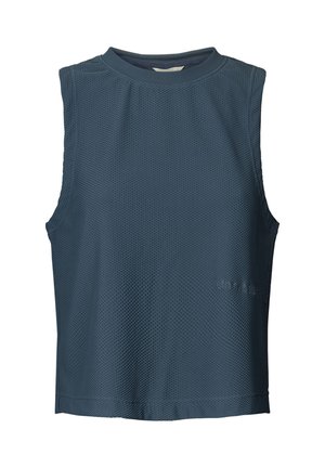 Haut bleu marine sans manches en tissu maille texturé. Il présente un col montant et un ourlet droit sans attaches ni accents visibles.