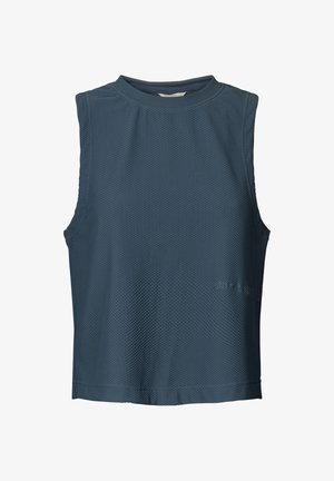 Granatowy top bez rękawów wykonany z teksturowanej siateczkowej tkaniny. Charakteryzuje się wysokim dekoltem i prostym dołem, bez widocznych zapięć ani ozdób.