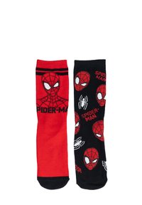 Calze rosse e nere con grafiche di Spider-Man. La calza rossa presenta un grande volto di Spider-Man e del testo, mentre la calza nera mostra molteplici teste di Spider-Man e ragni.