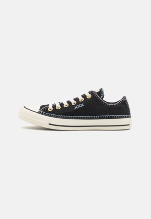 Lavtop sort lærreds-sneaker med hvide snørebånd, gyldne huller, hvid gummisål og dekorative hvide og blå syninger.