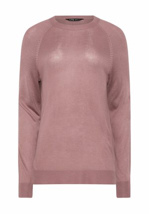 Pull tricoté mauve à manches longues, col rond, manches raglan, poignets et ourlet côtelés.