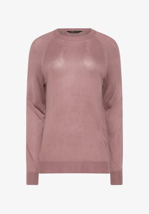 Pull tricoté mauve à manches longues, col rond, manches raglan, poignets et ourlet côtelés.