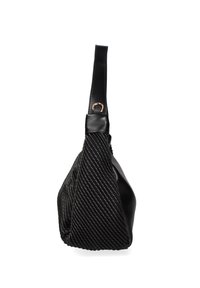 Borsa a spalla nera con un motivo intrecciato testurizzato, dettagli in pelle liscia e una tracolla singola con un anello metallico.