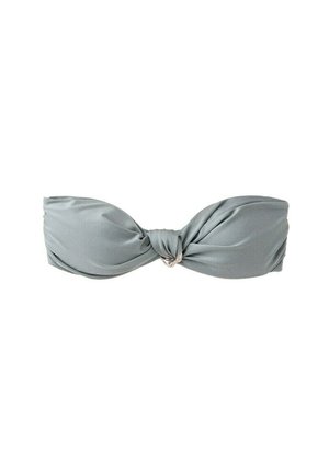 Top bikini a fascia grigio chiaro con nodo centrale e dettaglio in anello d'argento su sfondo bianco.
