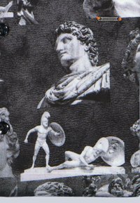 Schwarz-weißes Stoffmuster mit klassischen Skulpturen, darunter eine Büste und Figuren von Kriegern, mit strukturiertem Hintergrund und vier Knöpfen.