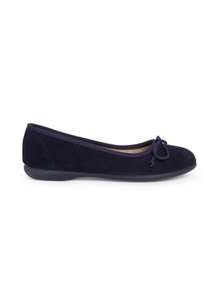 Navy blue suede ballet flat with a rounded toe, elastic trim, and a decorative tie at the front. Flexible rubber sole.