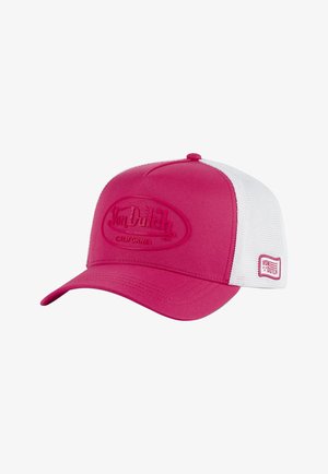 Casquette de baseball rose avec un panneau avant texturé et des côtés en mesh blancs. Elle présente un logo en relief, une visière courbée et une fermeture réglable à pression.