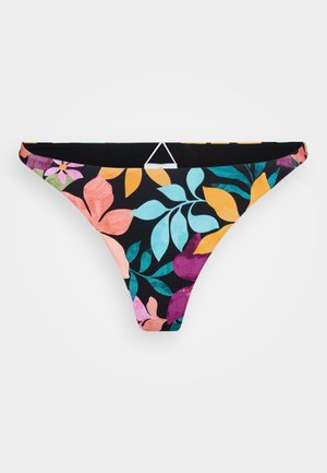 Floral-patterned bikini bottom featuring colorful leaves on a black background, with a soft, stretchy material and a triangular design.