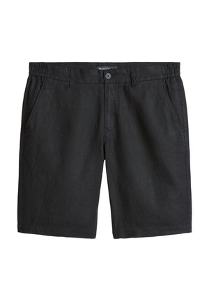 Zwarte casual shorts met zijzakken, riemlussen, voorste knoop en elastische gedeelten in de tailleband.