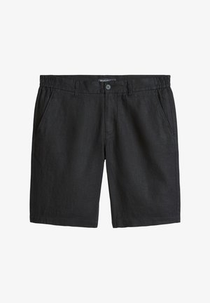 Zwarte casual shorts met zijzakken, riemlussen, voorste knoop en elastische gedeelten in de tailleband.