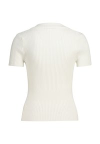 Ribbed white short-sleeve top with a fitted silhouette. Features a subtle textured pattern and a v-neckline at the back.