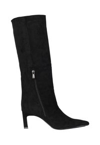 Sort støvle i ruskind, midt på læggen, med spids snude, slank høj hæl og lynlås i siden.