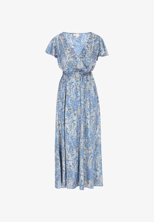 Blue and cream paisley-patterned maxi dress, short flutter sleeves, wrap design, features a waist tie and flowing fabric.