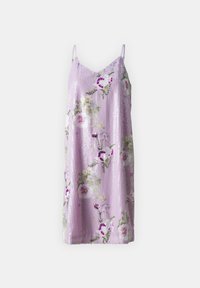 Lila obleka s sekvencami in cvetličnimi vzorci, V-izrezom in tankimi naramnicami, ki ima gladko teksturo in dolžino do kolen.