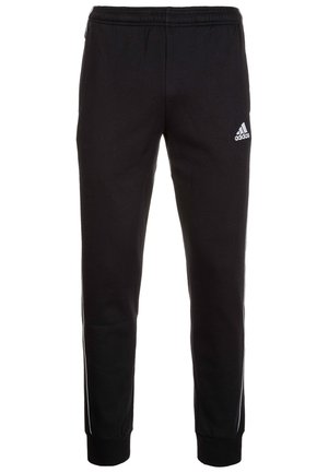 Czarne spodnie dresowe Adidas z elastycznym pasem, zwężanymi nogawkami, ściągaczami i białym logo na górnej części uda.