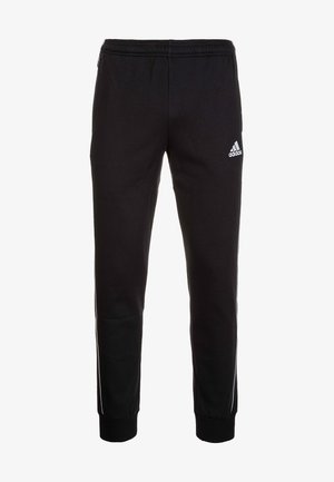 Schwarze Adidas Jogginghose mit elastischem Bund, zulaufenden Beinen, Bündchen und weißem Logo am oberen Oberschenkel.