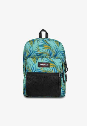 Zaino con base turchese e motivo foglia verde e giallo. Dotato di una tasca frontale nera e doppia cerniera. Materiale in tessuto.