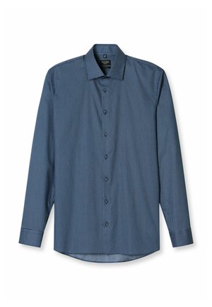 Blauwe longsleeve shirt met een klein diamantpatroon, een button-down kraag en een soepele textuur, met een gebogen zoom en knoopsluiting.
