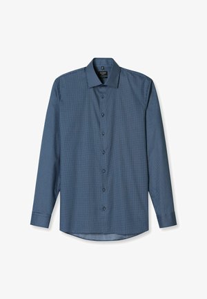 Blauwe longsleeve shirt met een klein diamantpatroon, een button-down kraag en een soepele textuur, met een gebogen zoom en knoopsluiting.
