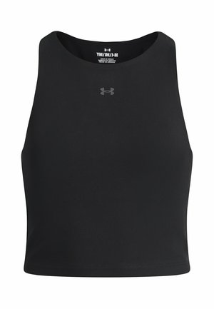 Zwarte mouwloze crop top met ronde halslijn en klein Under Armour-logo gecentreerd op de borst en aan de binnenkant van de kraag.