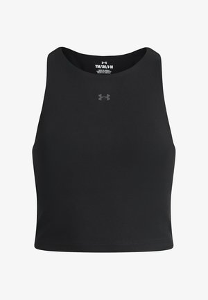 Schwarzes ärmelloses Crop-Top mit rundem Ausschnitt und kleinem Under Armour-Logo, das mittig auf der Brust und innen am Kragen angebracht ist.