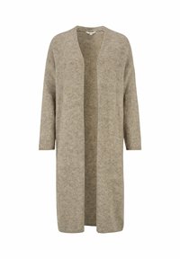 Beige pitkä neuletakki avointa etuosaa, jossa on hienovarainen teksturoitu neulekuvio ja kolme neljäsosapituista hihaa. Valmistettu pehmeästä ja lämpimästä materiaalista.