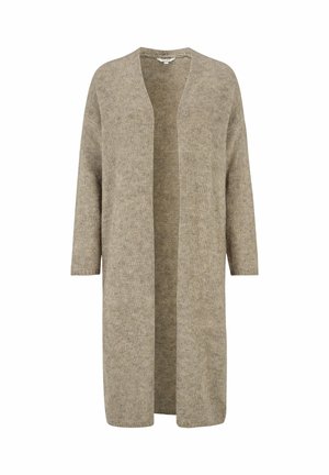 Beige pitkä neuletakki avointa etuosaa, jossa on hienovarainen teksturoitu neulekuvio ja kolme neljäsosapituista hihaa. Valmistettu pehmeästä ja lämpimästä materiaalista.