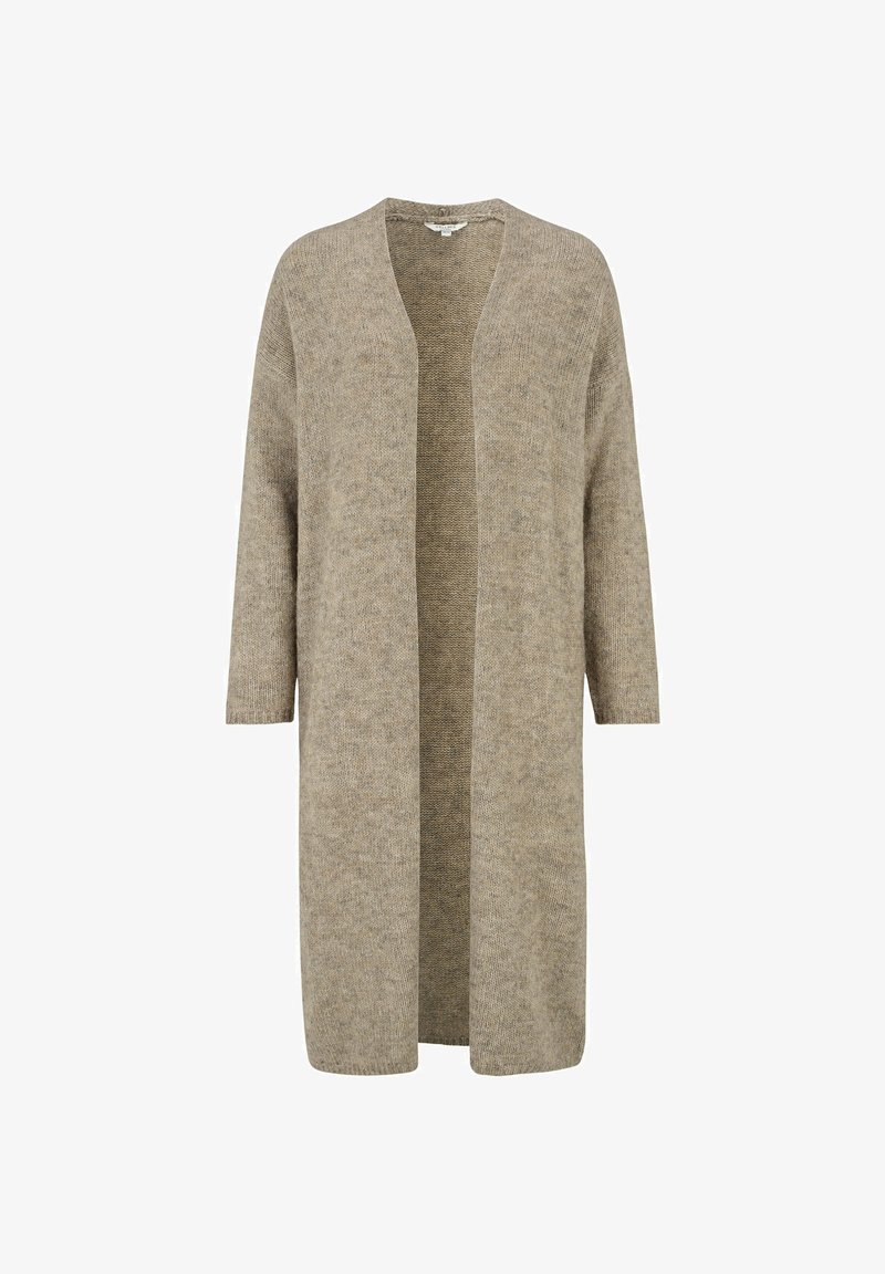 Beige lång cardigan med öppen framsida, har ett subtilt strukturerat stickmönster och trekvartsärmar. Tillverkad av ett mjukt, varmt material.