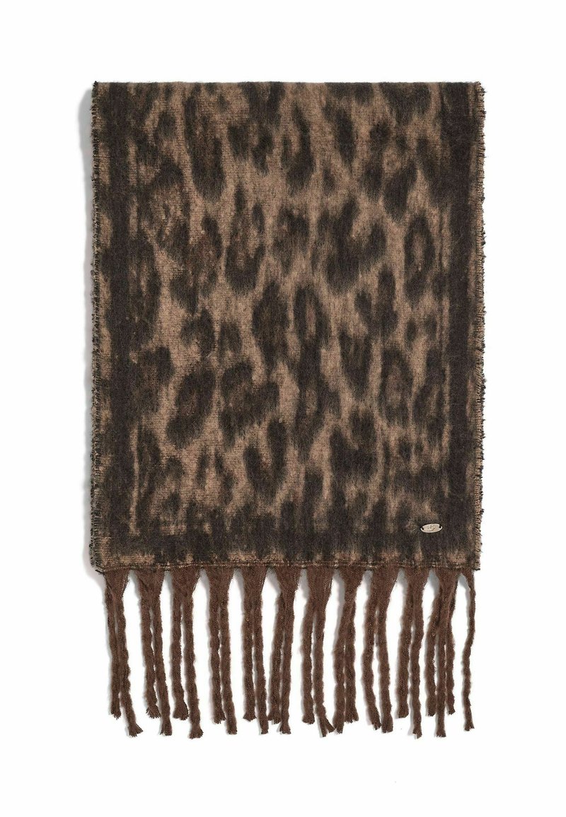 Brun og sort leopardprint tørklæde med frynser i enderne, blødt tekstureret stof og et lille metallisk brandmærke nær det ene hjørne.
