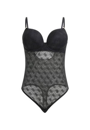 Schwarzer Bodysuit mit gepolstertem Bustier, durchscheinendem Spitze-Material und einem wiederholten Logo-Muster. Verstellbare Träger und taillierte Form.