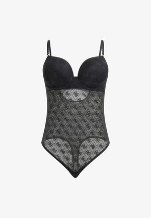 Svart bodysuit med vadderad kupa, genomskinligt spetsmaterial och ett upprepat logomönster. Justerbara axelband och en åtsittande passform.