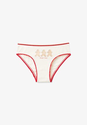 Mutandine bianche da donna con bordino rosso, che presentano tre omino di pan di zenzero e la scritta "Sweet time!" al centro davanti.