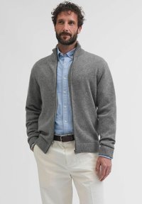 Pelēks ar rāvējslēdzēju cardigan, izgatavots no teksturētas adī�šanas, ar augstu jaku un ribotām piedurknēm. Valkā virs gaiši zila krekla un krēmkrāsas biksēm.