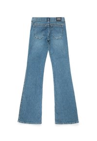 Ljusblå utsvängda jeans i denim, med en åtsittande midja, två bakfickor och en stickad nederkant.