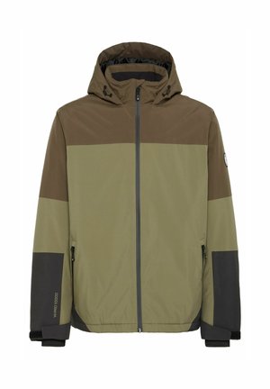 Hooded jacket featuring a color-block design in dark green, olive, and black, with zippered pockets and adjustable drawstrings.