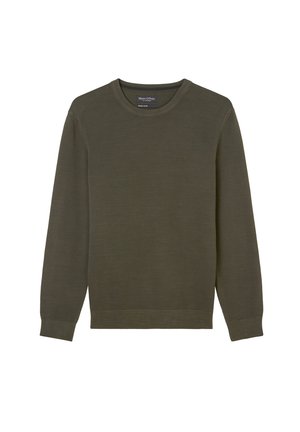 Olive green knit sweater with a crew neck, long sleeves, and a subtle textured pattern. Features a small logo on the left chest area.