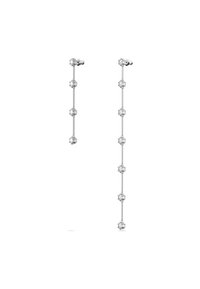 Silberne Tropfohrringe präsentieren ein vertikales Design mit mehreren klaren Edelsteinen in einer hexagonalen Fassung, was einen schlanken, eleganten Look schafft.