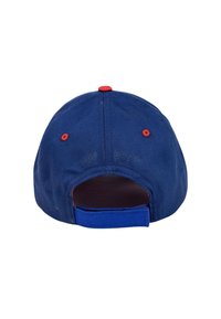 Cappello blu navy con dettagli rossi sul bottone superiore e sugli occhielli. Fascia regolabile sul retro. Realizzato in tessuto dalla texture liscia.