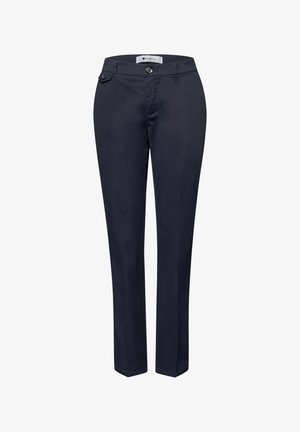 Marineblauwe broek met rechte pijpen, knoop- en ritssluiting, riemlussen en zij- en achterzakken.