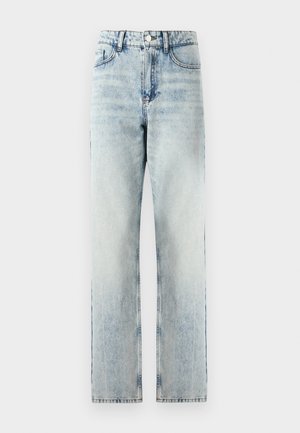 Lichtblauwe high-waisted jeans van denim. Recht model met subtiele vervaging, vijf zakken en een metalen knoopsluiting.