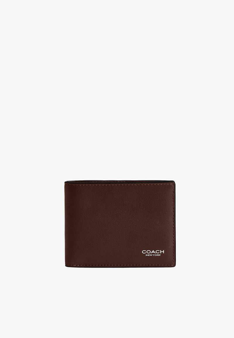 Braunes Leder-Bifold-Portemonnaie mit sichtbarer Naht und dem weiß geprägten "COACH NEW YORK" Logo in der unteren rechten Ecke.